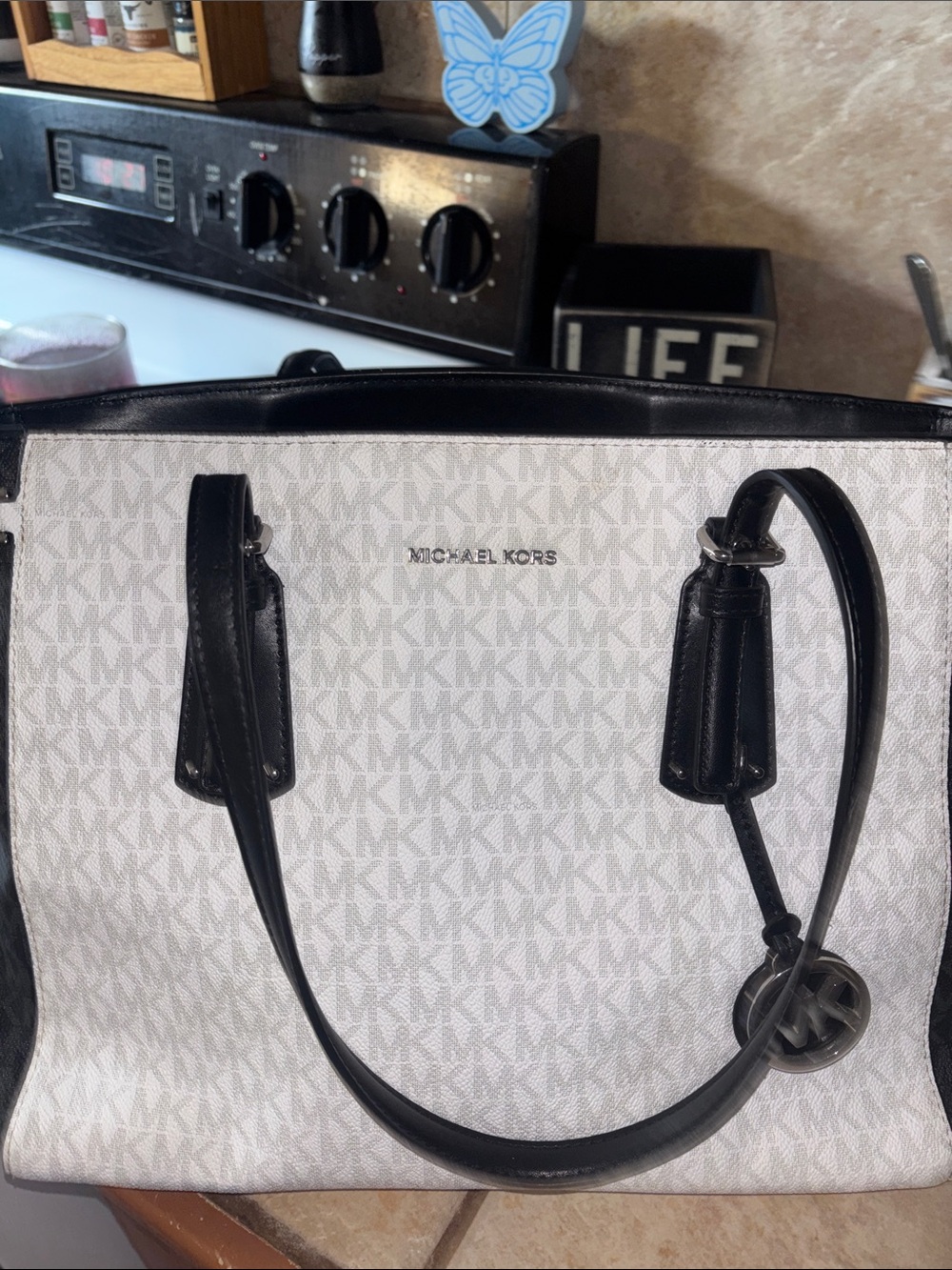 Michael Kors White and Black Logo Tote